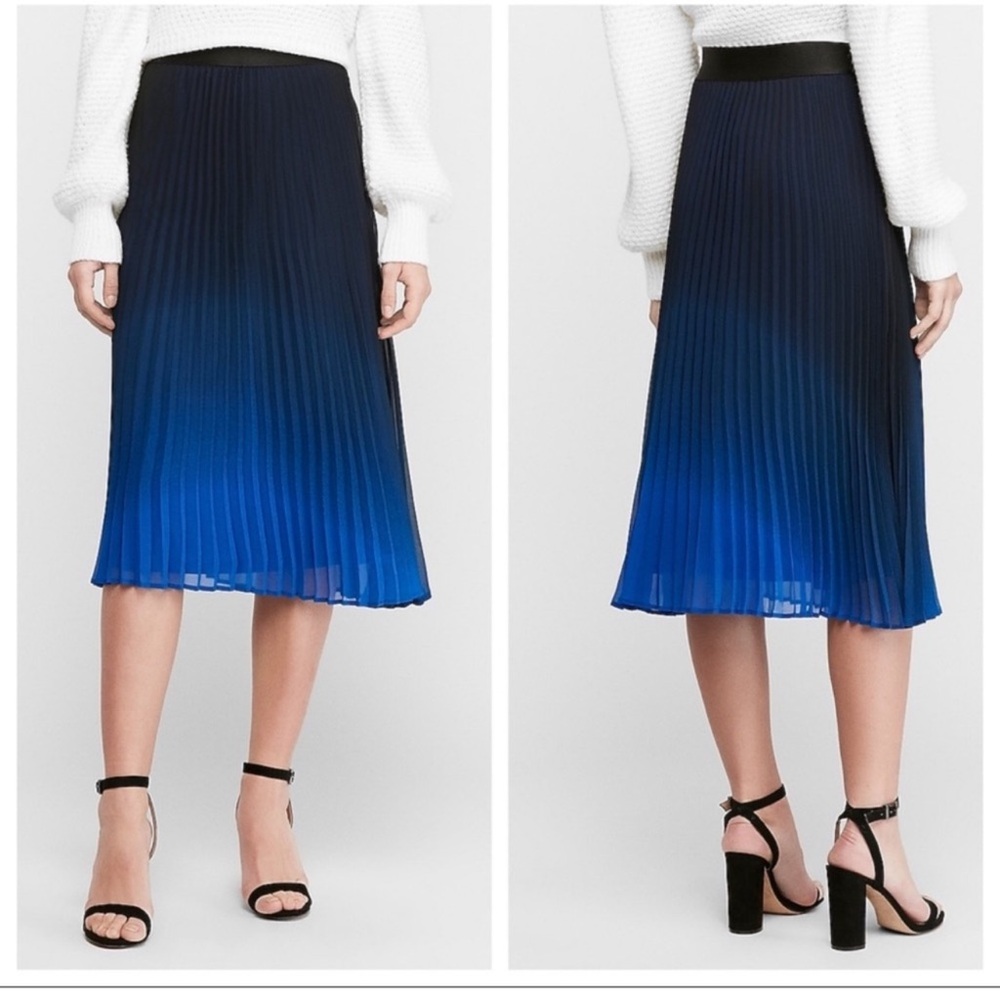 NWT Express Black and Blue Gradient Pleated Midi Skirt